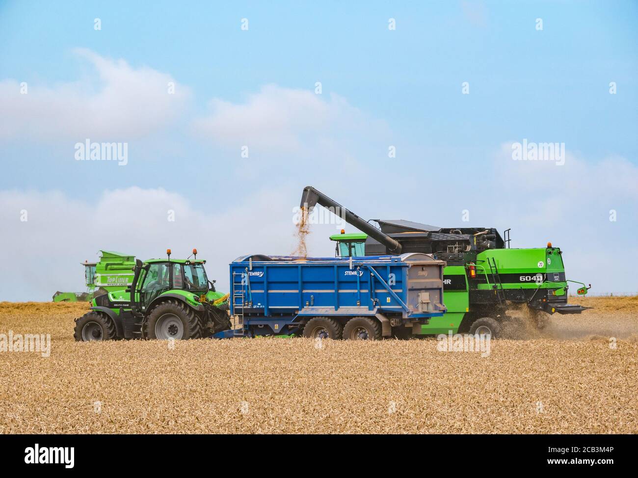 East Lothian, Scotland, United Kingdom, 10th August 2020. UK Weather: a wheat field is harvested by a Deutz-Fahr combine harvester with a ractor collecting the grain at Mungoswells in Summer with a tractor trailer collecting the grain Stock Photo