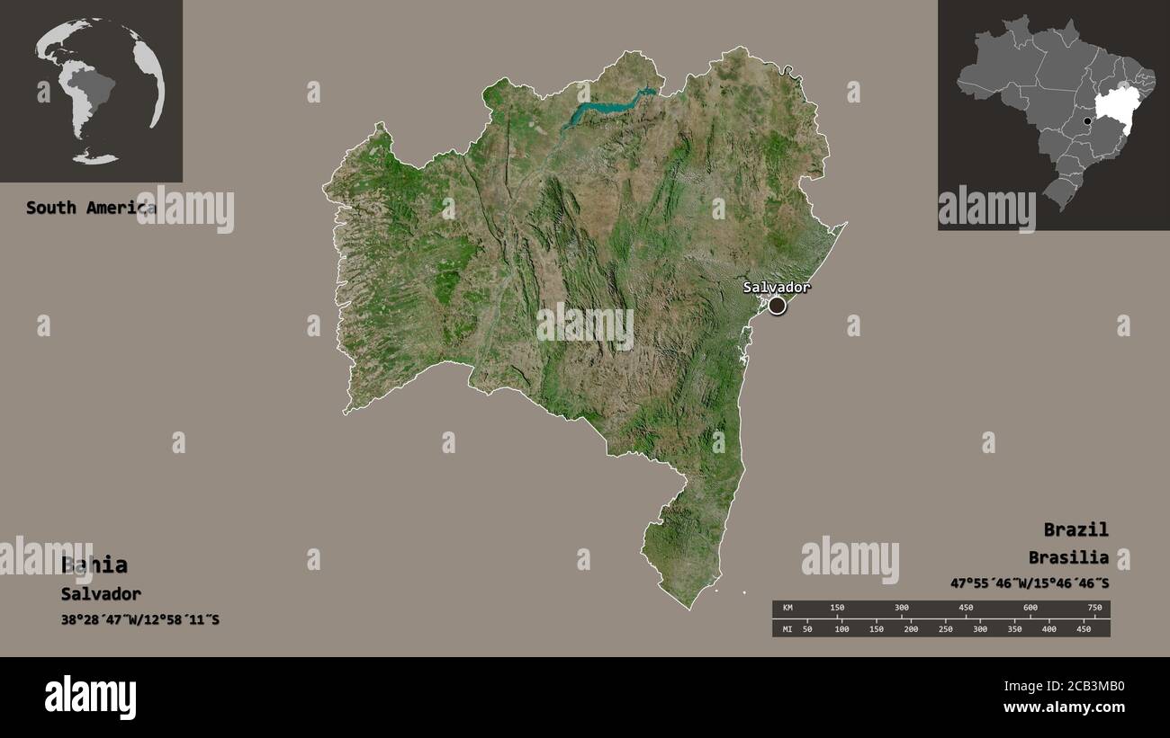 Shape of Bahia, state of Brazil, and its capital. Distance scale ...