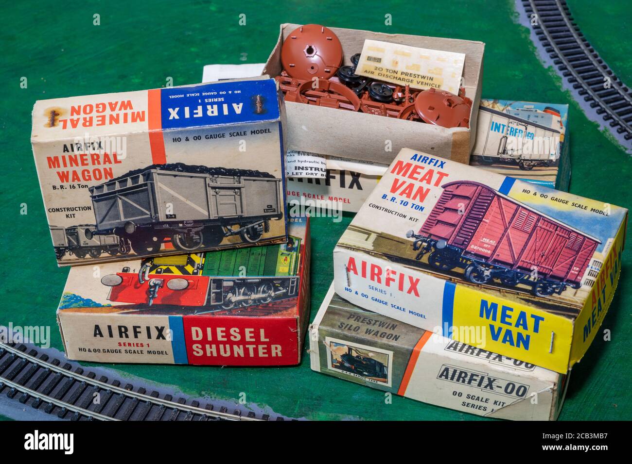 Iconic H0 00 Scale Airfix kits from the 1960’s. Various unmade models still boxed awaiting attention. Stock Photo