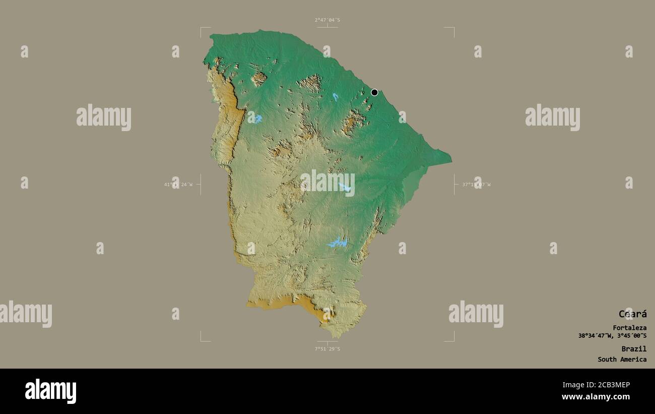 Area of Ceará, state of Brazil, isolated on a solid background in a georeferenced bounding box. Labels. Topographic relief map. 3D rendering Stock Photo