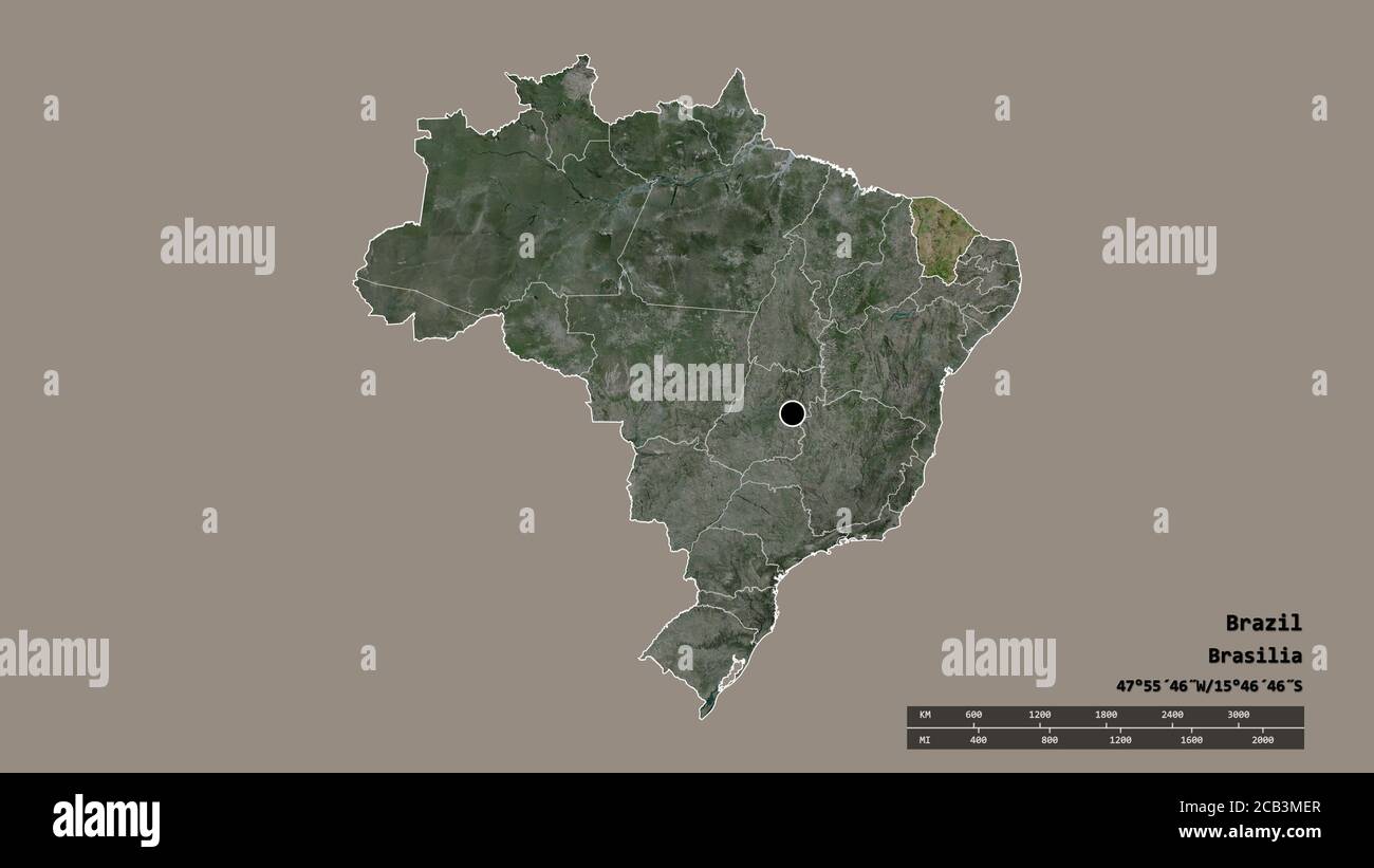 Desaturated shape of Brazil with its capital, main regional division and the separated Ceará area. Labels. Satellite imagery. 3D rendering Stock Photo