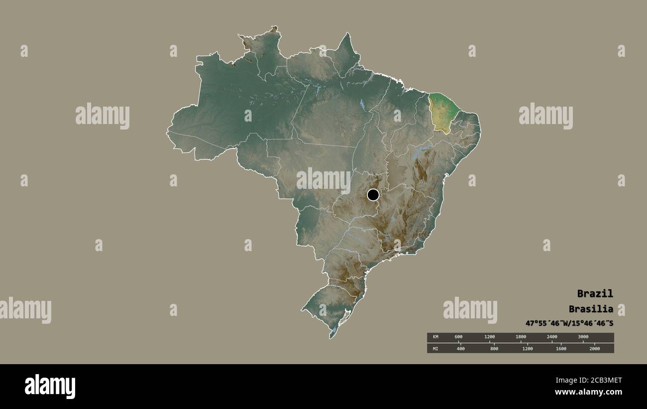 Desaturated shape of Brazil with its capital, main regional division and the separated Ceará area. Labels. Topographic relief map. 3D rendering Stock Photo