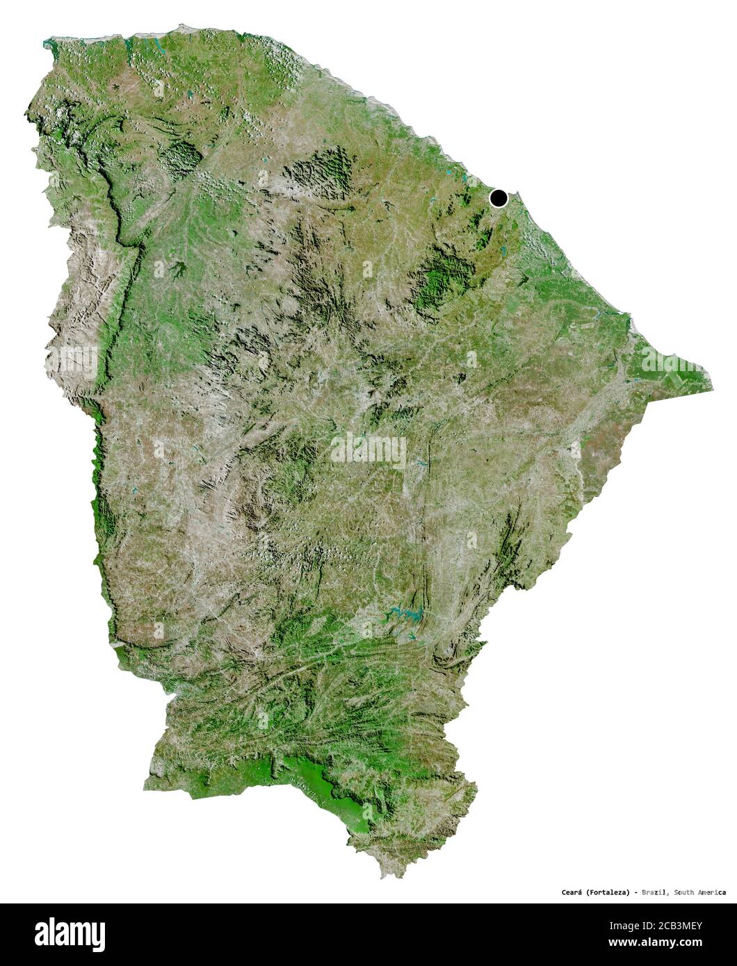 Shape of Ceará, state of Brazil, with its capital isolated on white background. Satellite imagery. 3D rendering Stock Photo