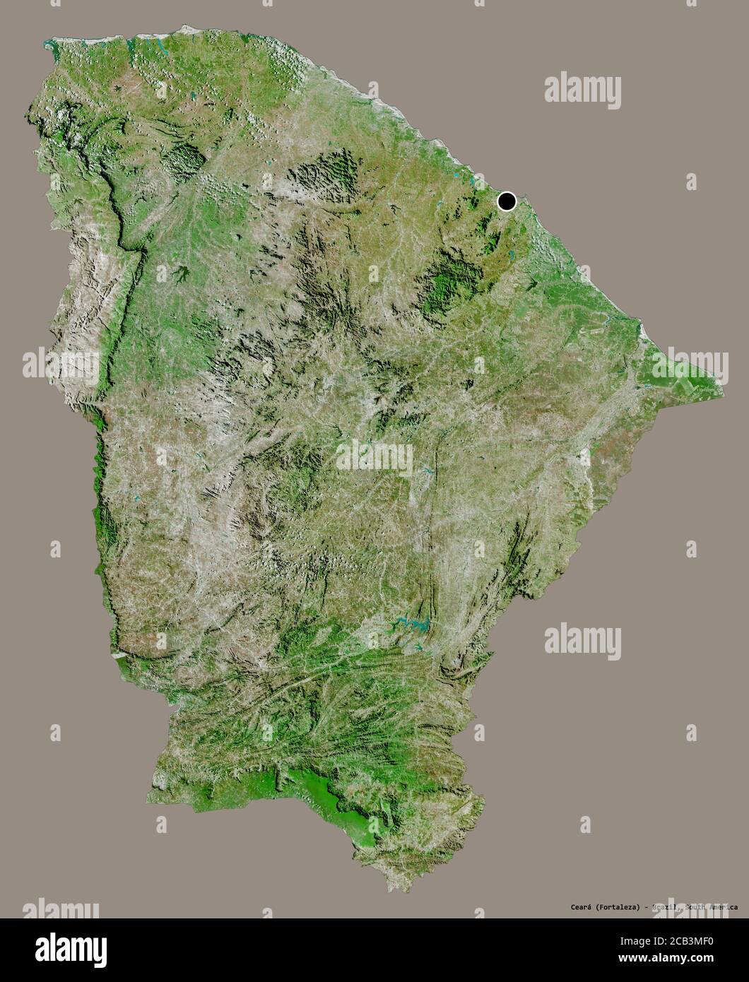Shape of Ceará, state of Brazil, with its capital isolated on a solid color background. Satellite imagery. 3D rendering Stock Photo