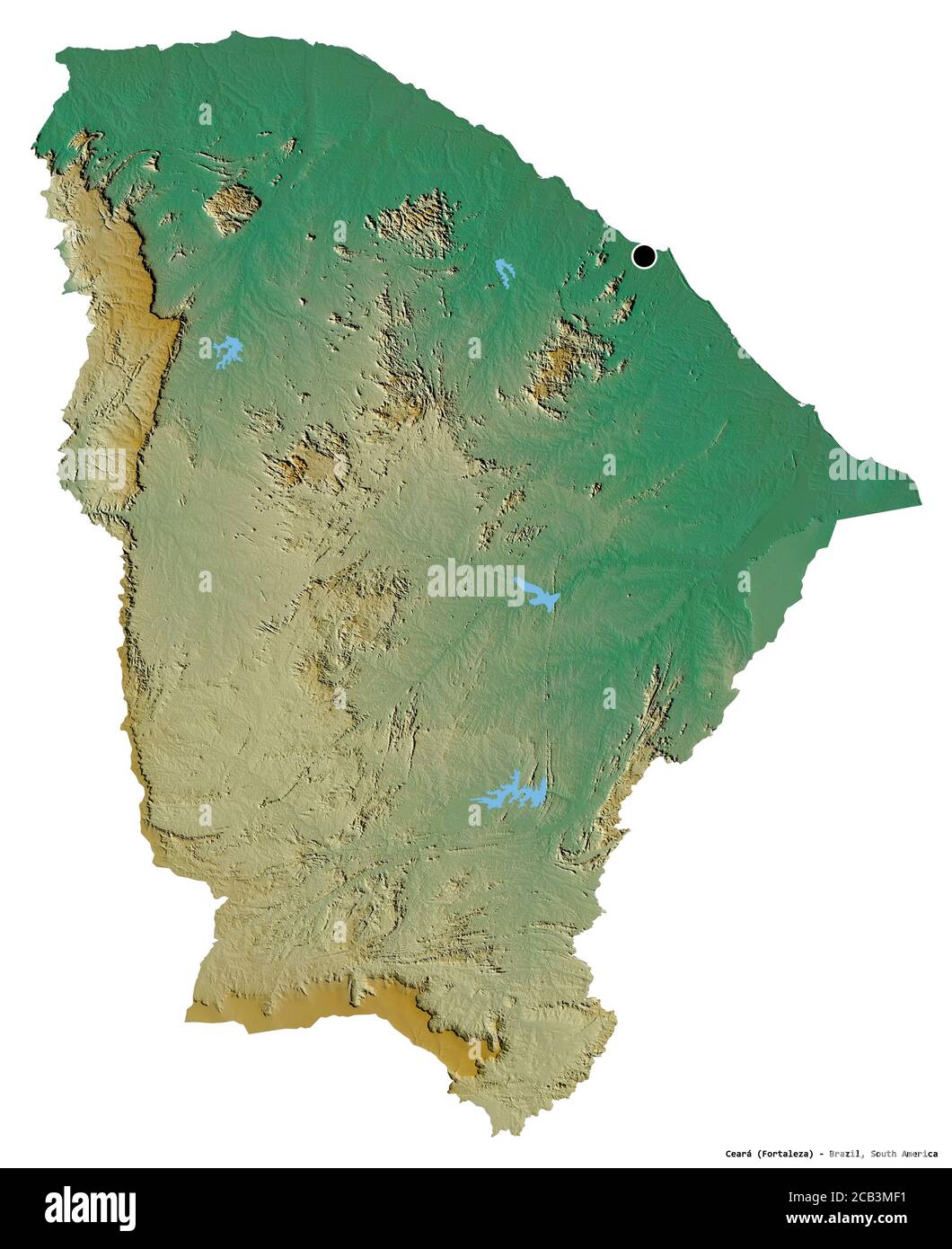 Shape of Ceará, state of Brazil, with its capital isolated on white background. Topographic relief map. 3D rendering Stock Photo