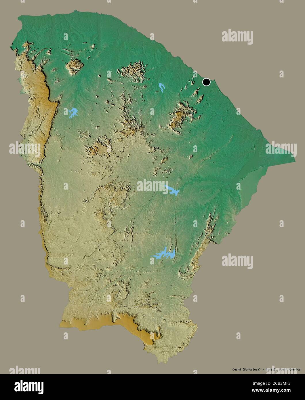 Shape of Ceará, state of Brazil, with its capital isolated on a solid color background. Topographic relief map. 3D rendering Stock Photo