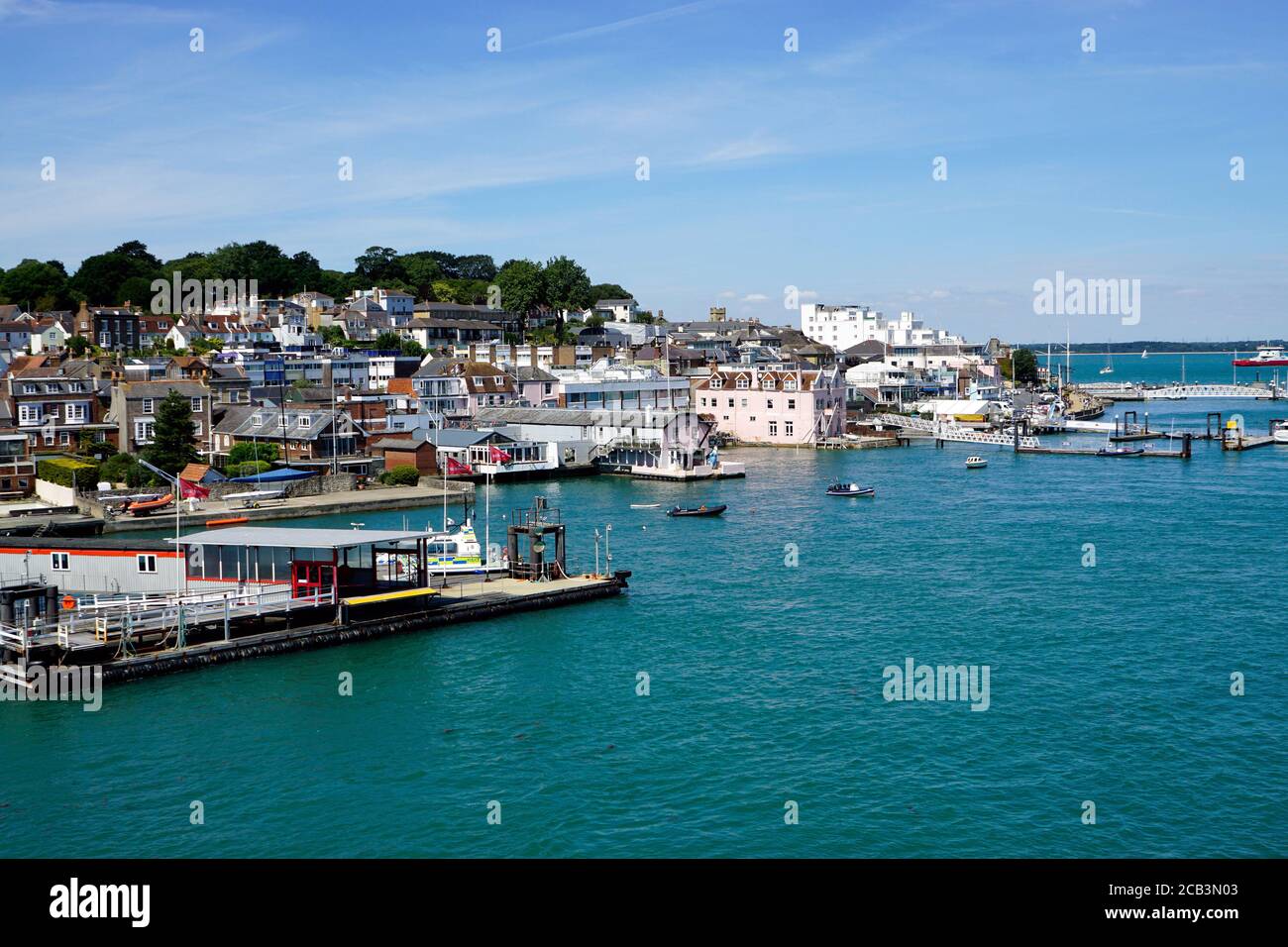 Cowes, Isle of Wight, UK. July 22, 2020.  The yachting capital of Cowes taken from the Southampton ferry on a quiet day in july at Cowes on the Isle o Stock Photo