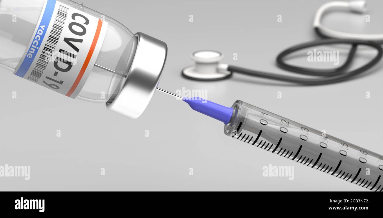 Coronavirus Vaccine. Medical injection syringe and vial on gray color background, Covid19 vaccination research concept. 3d illustration Stock Photo