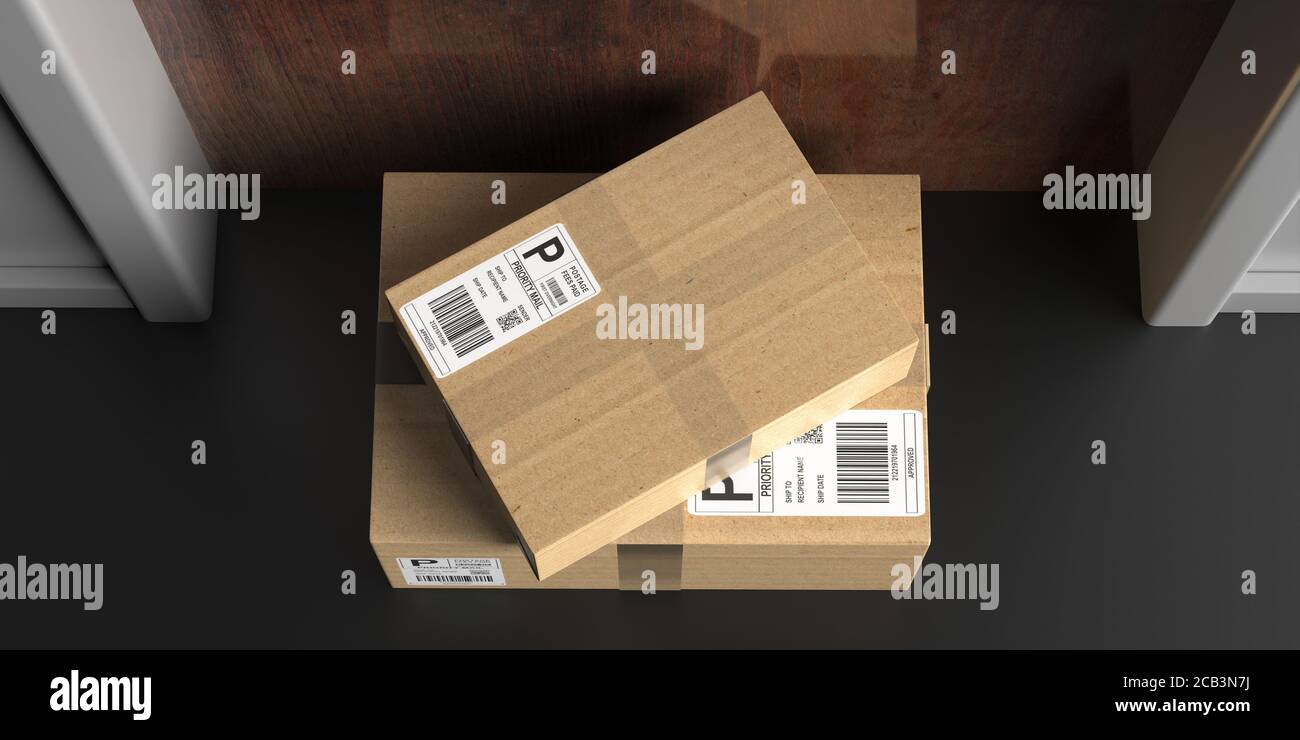 Parcels delivered, doorstep delivery concept. Brown boxes on gray floor