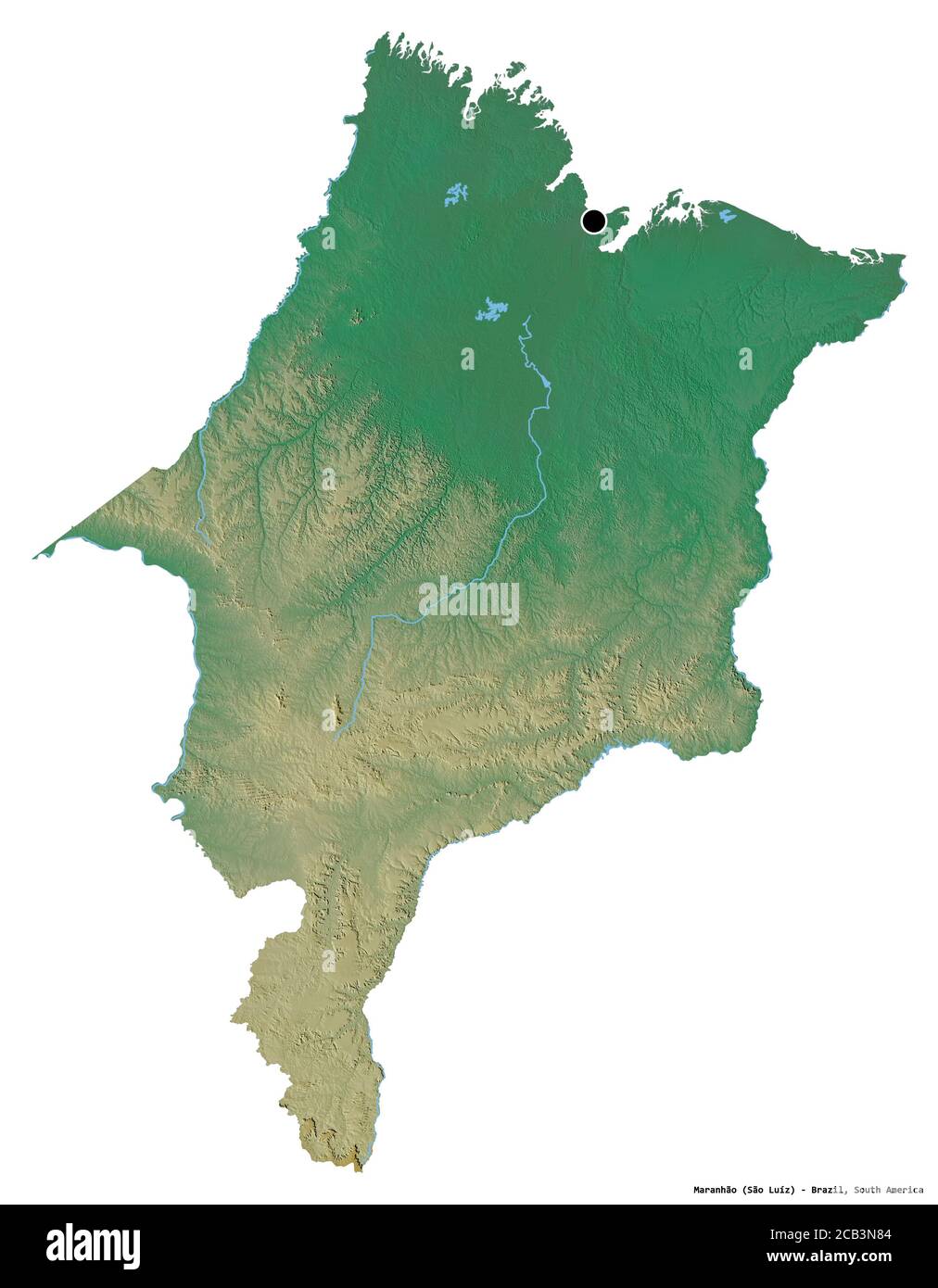 Shape of Maranhão, state of Brazil, with its capital isolated on white background. Topographic relief map. 3D rendering Stock Photo