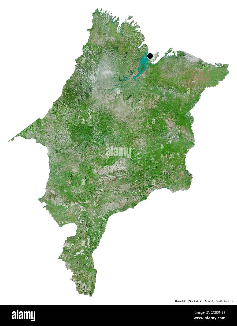Shape of Maranhão, state of Brazil, with its capital isolated on white background. Satellite imagery. 3D rendering Stock Photo