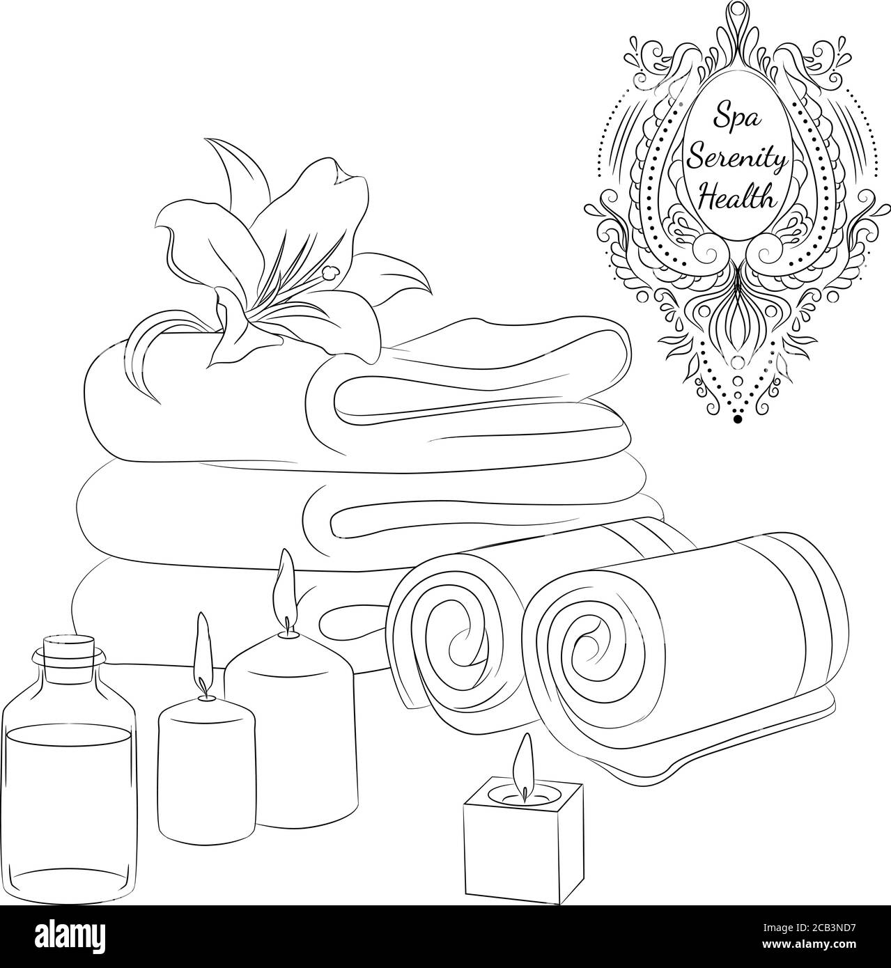 Vector illustration with bath towels and spa accessories. Line art isolated on white background. Design for a spa, massage and beauty salon, organic health care products Stock Vector