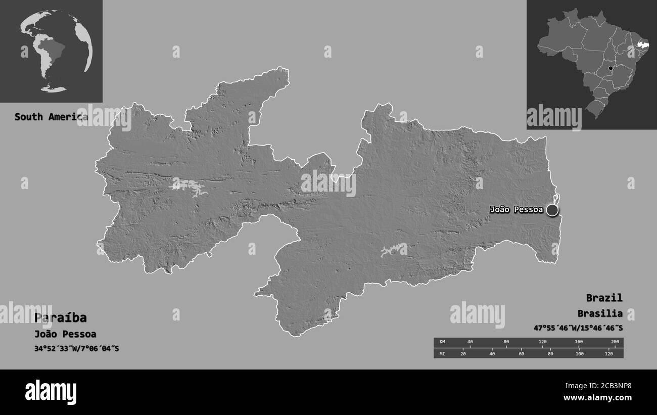 Shape of Paraíba, state of Brazil, and its capital. Distance scale, previews and labels. Bilevel elevation map. 3D rendering Stock Photo