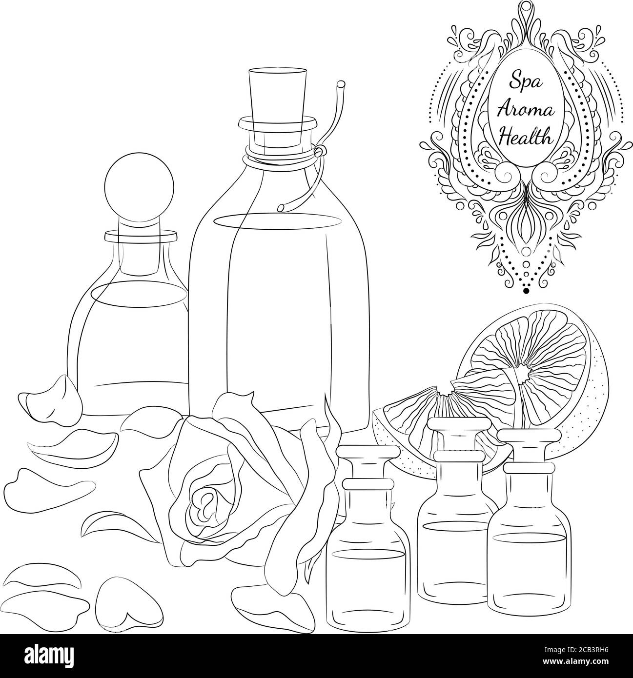 Vector illustration with aroma oils and oils for spa massage. Line art isolated on white background. Design for a spa, massage and beauty salon, organic health care products Stock Vector