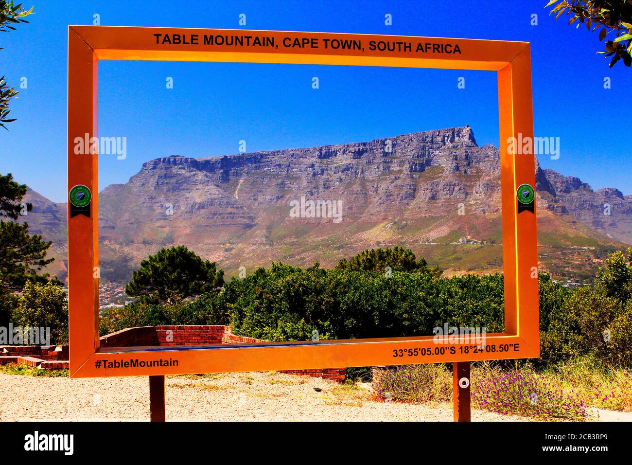 The GPS frame on Signal Hill in Cape Town, framing the most recognizable mountain in the world. Stock Photo