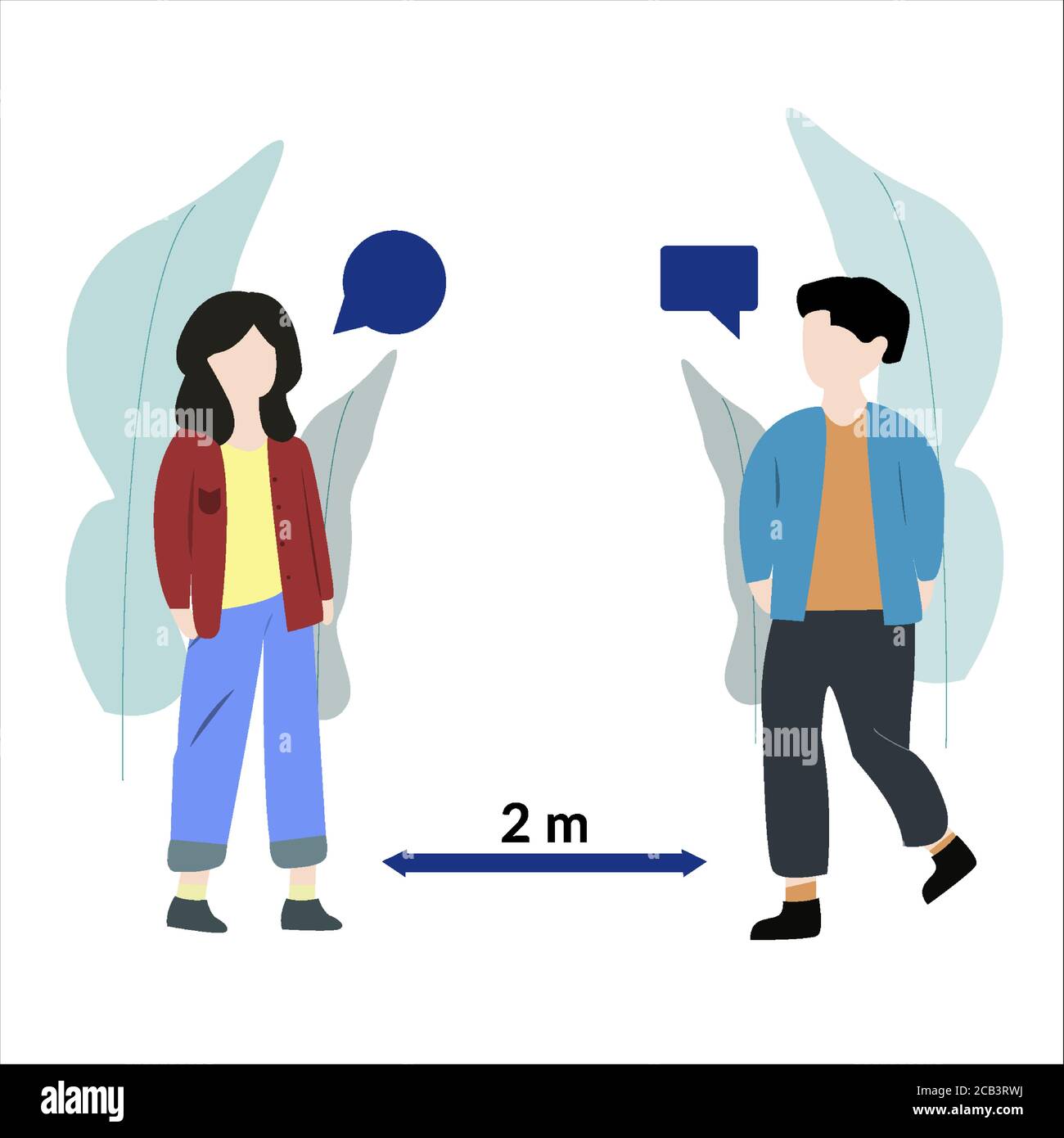 Social distancing. Woman and men keep distance in flat cartoon style. Protection from COVID-19 coronavirus vector illustration Stock Vector