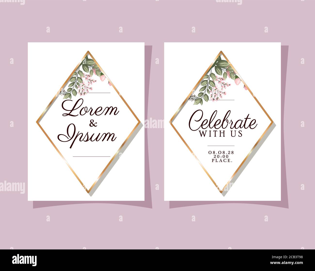 two wedding invitations with gold frames flowers and leaves on pink ...