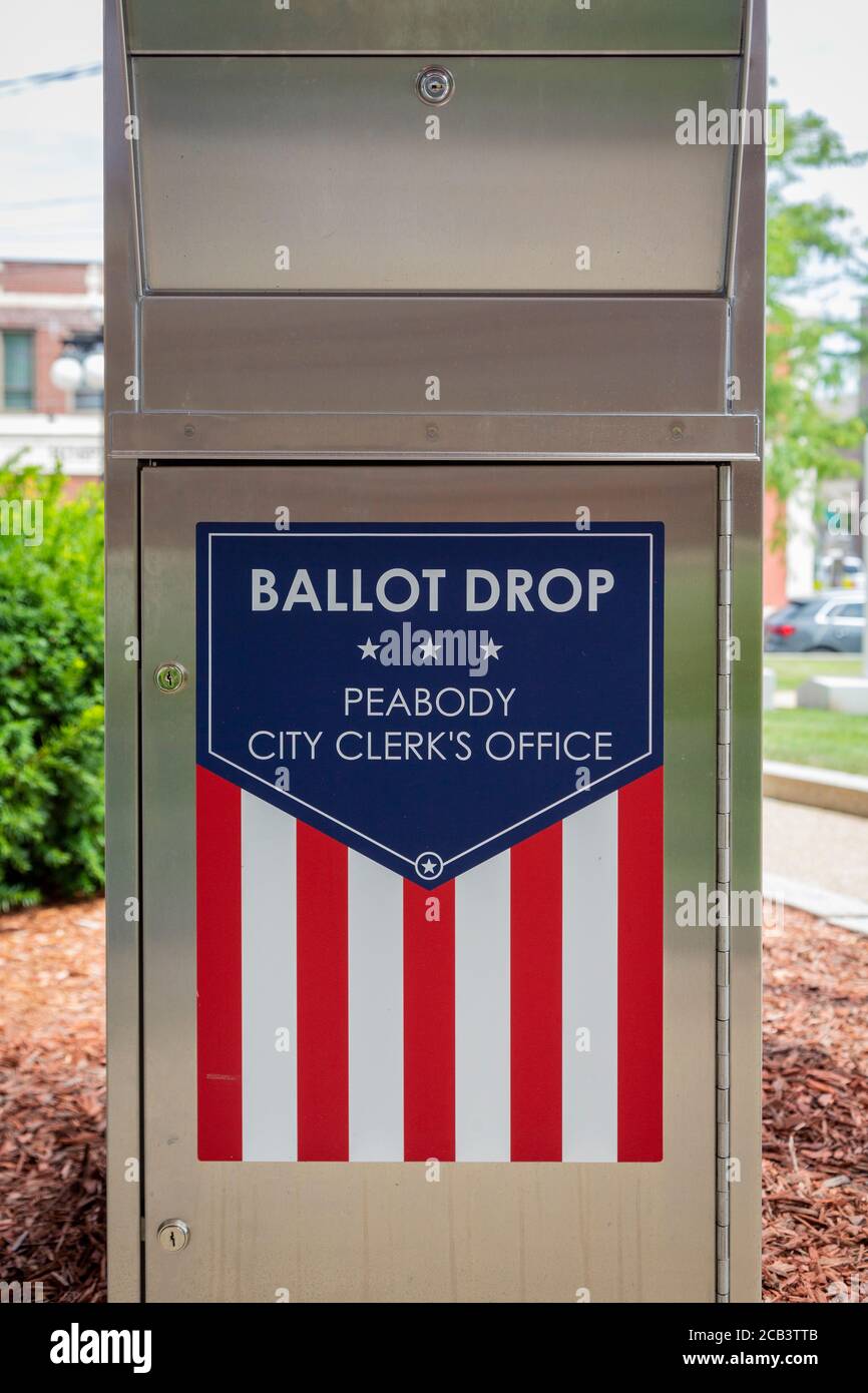 August 7, 2020. Peabody, MA. Peabody City Hall has installed a ballot box drop for voters who
