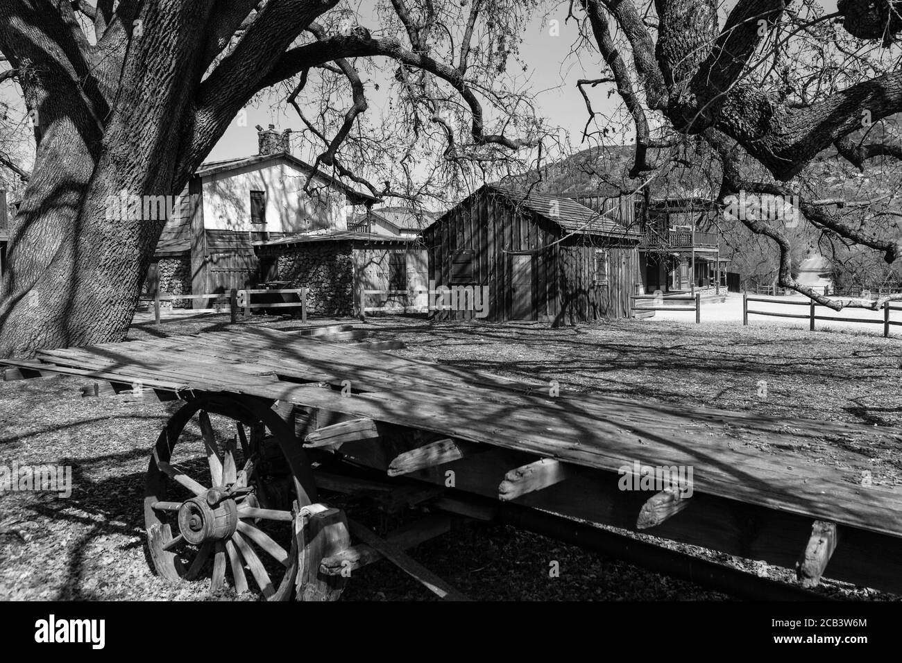 Black and white view of historic movie set buildings in the Santa Monica Mountains National Recreation Area, Paramount Ranch site near Los Angeles Cal Stock Photo