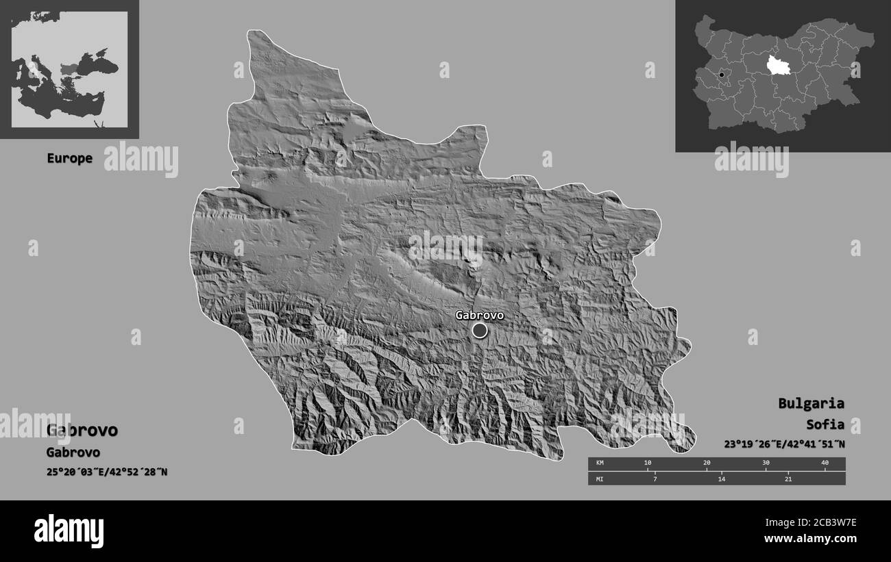 Shape of Gabrovo, province of Bulgaria, and its capital. Distance scale, previews and labels. Bilevel elevation map. 3D rendering Stock Photo