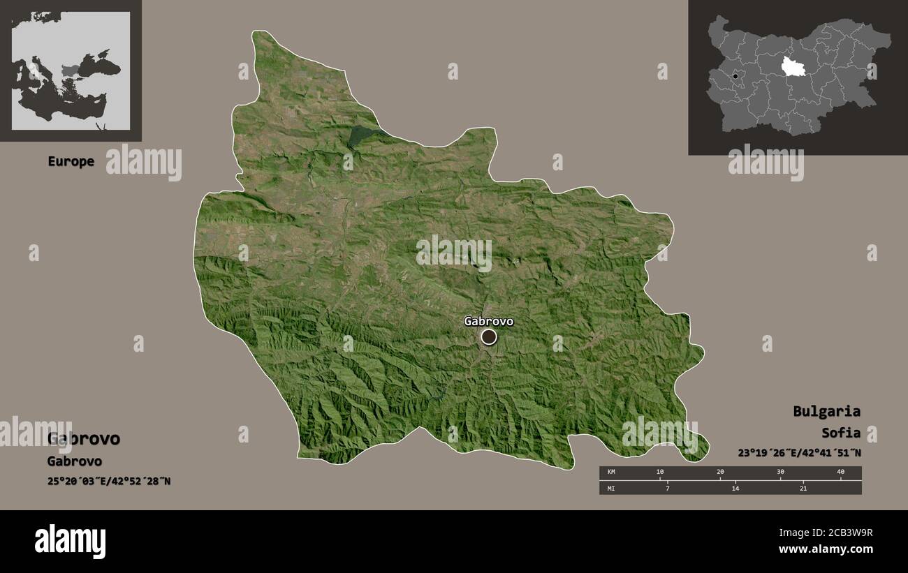Shape of Gabrovo, province of Bulgaria, and its capital. Distance scale ...