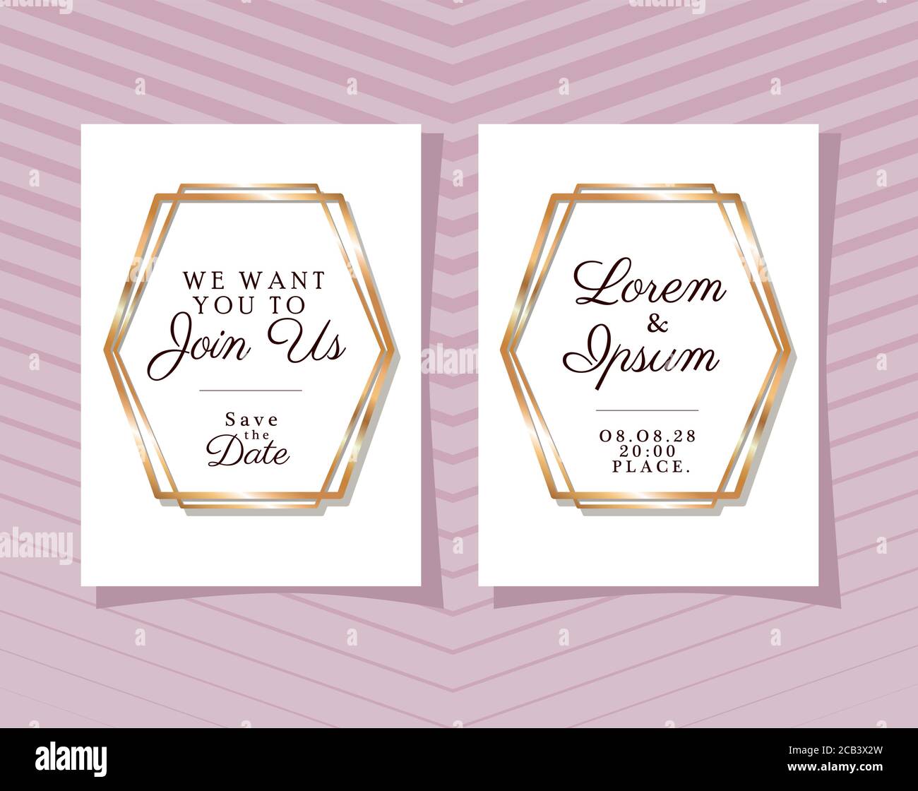 two wedding invitations with gold frames on pink striped background ...