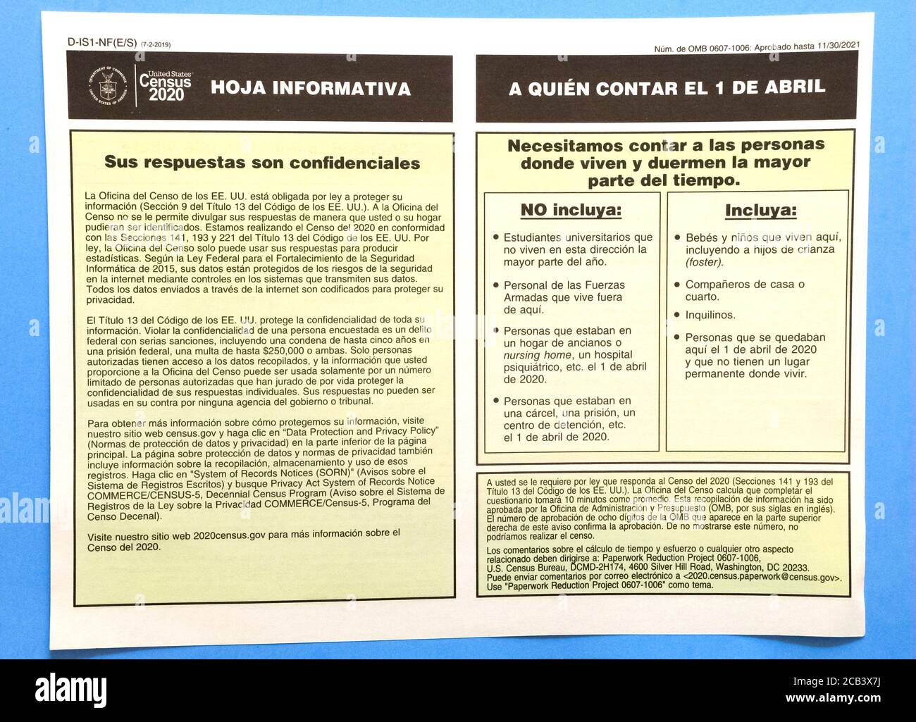 Enumerators (census takers) hand out an Information Sheet before asking specific questions and recording the answers from individuals who did not complete and return a 2020 U.S. Census questionnaire mailed to their homes. The sheet stresses that their answers are confidential, and lists who in the home is to be counted. One side of the sheet is in Spanish, the other in English. The nationwide population survey has been taken every 10 years since 1790, as mandated by the United States Constitution. Temporary employees of the U.S. Census Bureau spend about 10 minutes at each home to get the info Stock Photo