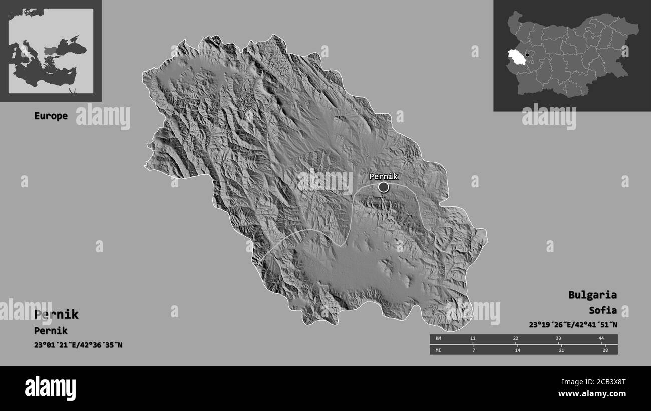 Shape of Pernik, province of Bulgaria, and its capital. Distance scale, previews and labels. Bilevel elevation map. 3D rendering Stock Photo