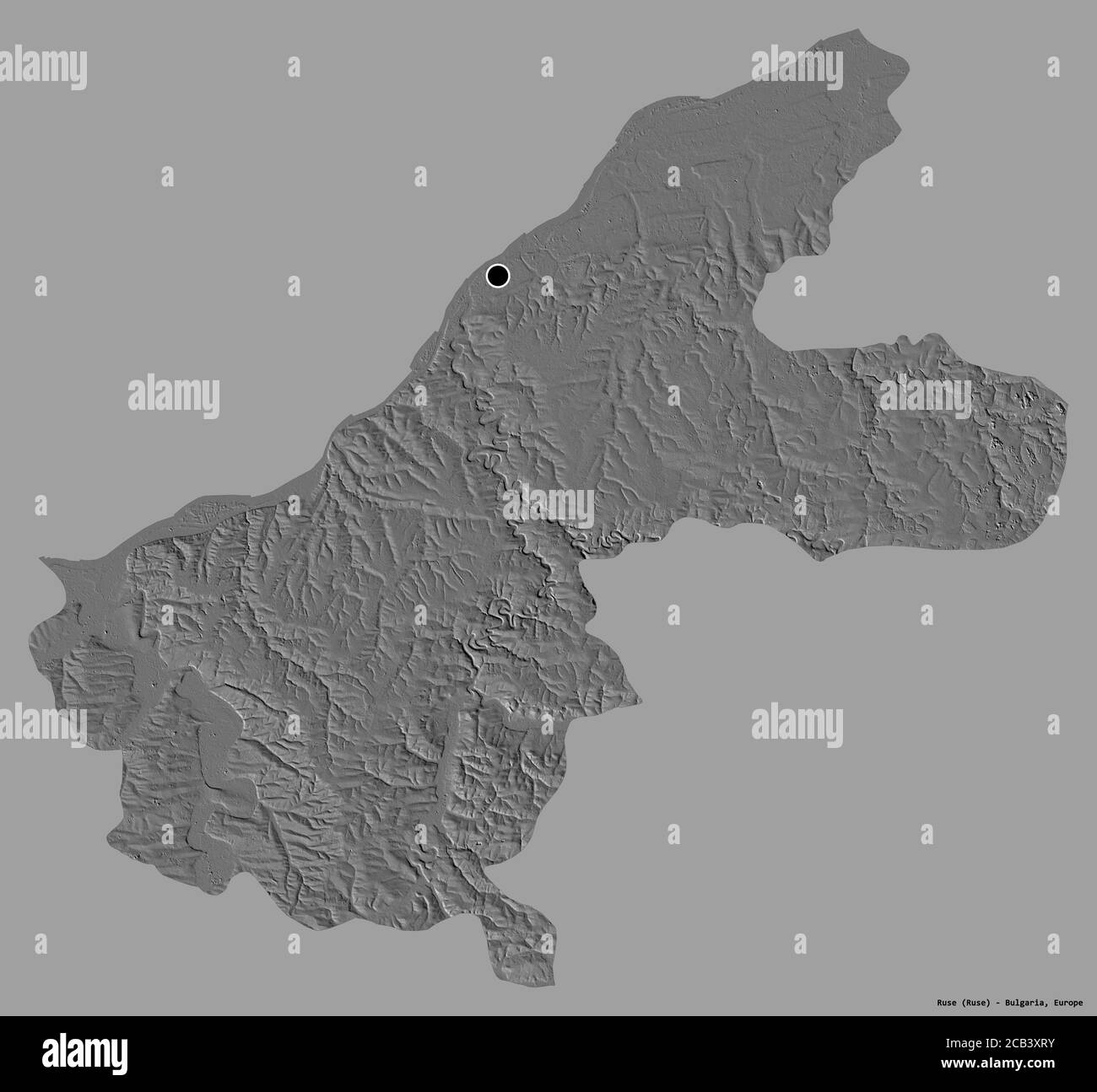 Shape of Ruse, province of Bulgaria, with its capital isolated on a solid color background. Bilevel elevation map. 3D rendering Stock Photo