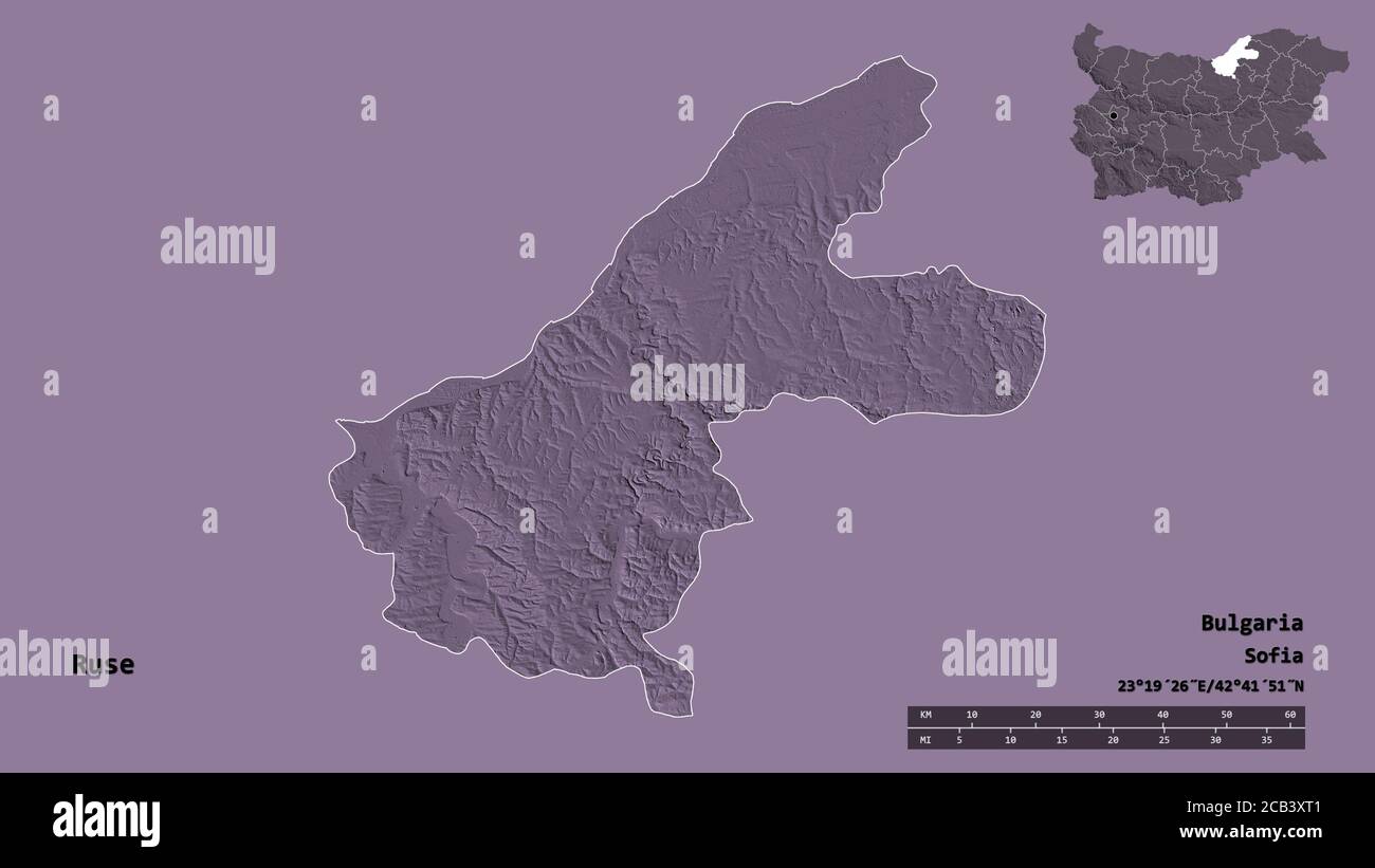 Shape of Ruse, province of Bulgaria, with its capital isolated on solid background. Distance scale, region preview and labels. Colored elevation map. Stock Photo