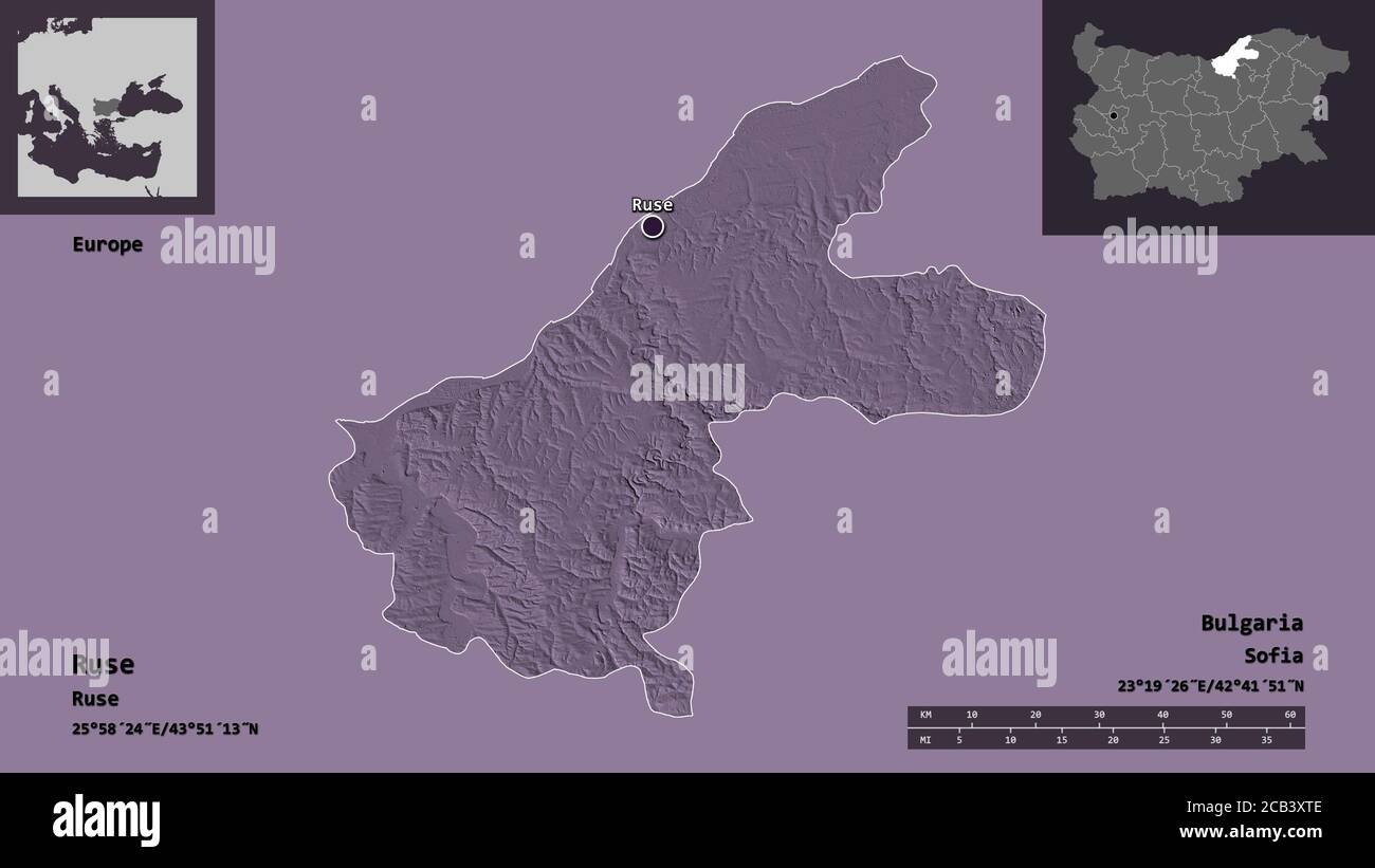 Shape of Ruse, province of Bulgaria, and its capital. Distance scale ...