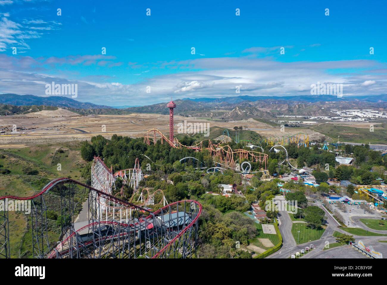Valencia, California, USA, 2020. Aerial view of Six Flags Magic Mountain Valencia theme park reopens to the public and being closed due to COVID-19 Stock Photo