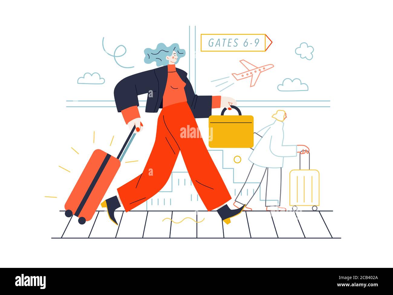 Business topics - business trip. Flat style modern outlined vector concept illustration. A young woman with a suitcase walking by the moving walkway i Stock Vector