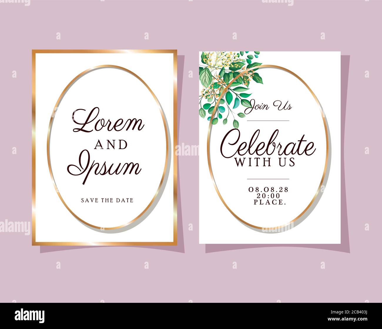 two wedding invitations with gold frames flowers and leaves on pink ...