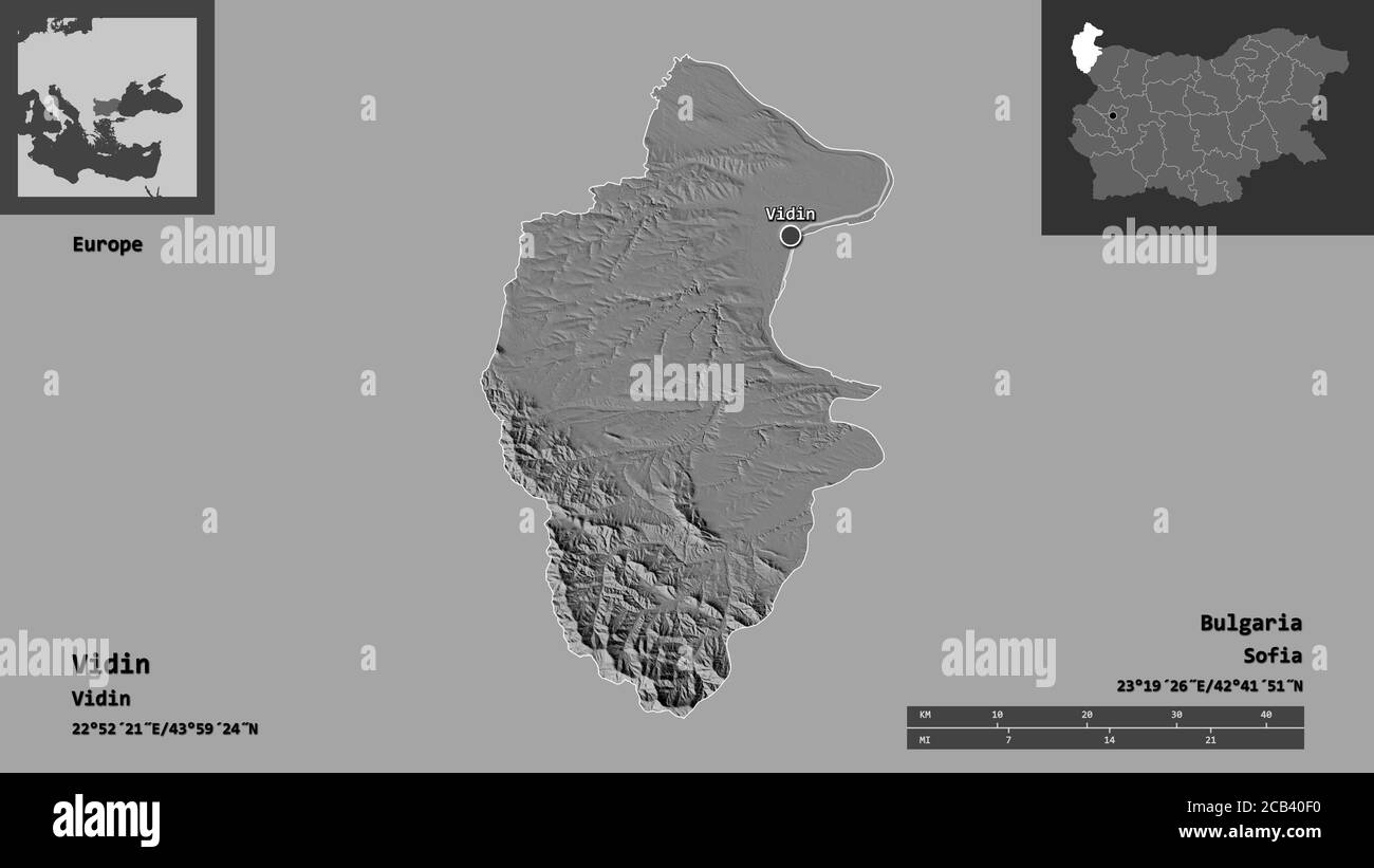 Shape of Vidin, province of Bulgaria, and its capital. Distance scale, previews and labels. Bilevel elevation map. 3D rendering Stock Photo