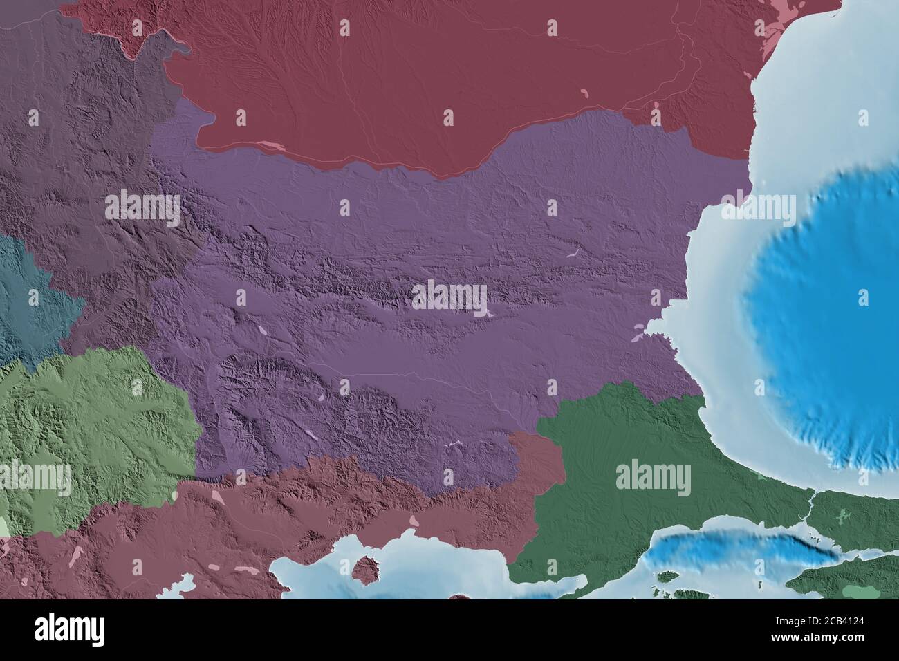 Extended area of Bulgaria. Colored elevation map. 3D rendering Stock