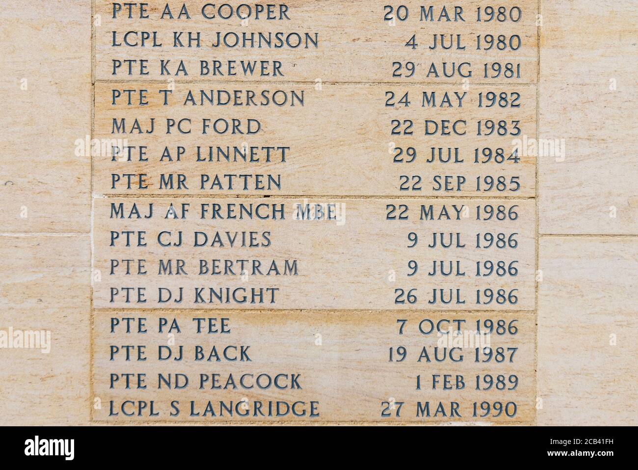 Memorial to honour the 78 soldiers from The Royal Anglian Regiment who have lost their lives since 1959, Imperial War Museum, Duxford. Carved names Stock Photo