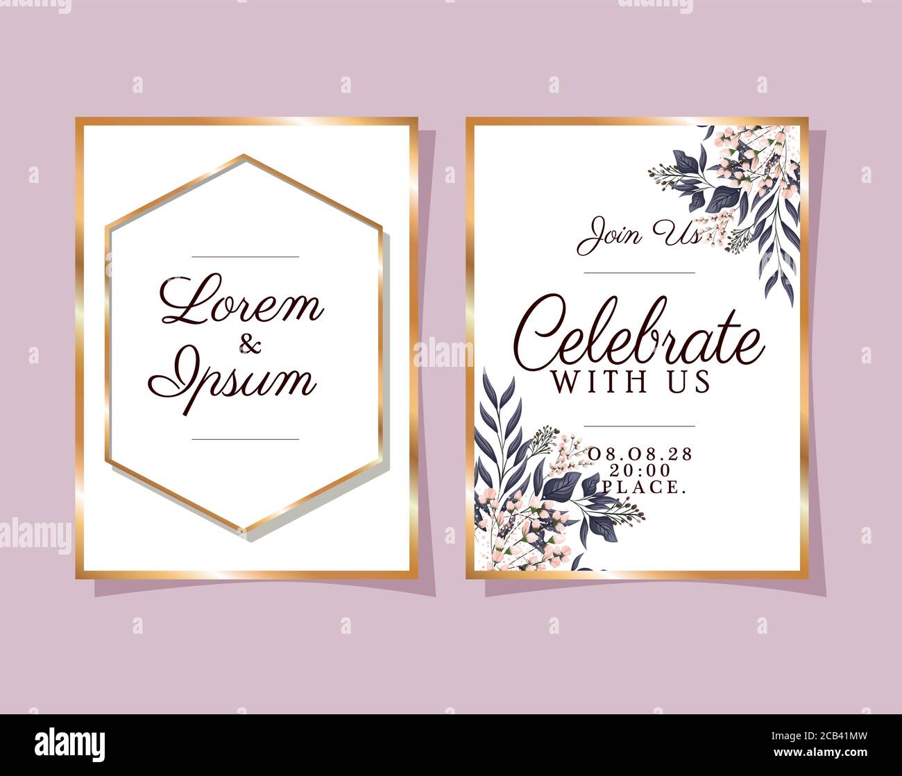 two wedding invitations with gold frames flowers and leaves on pink ...