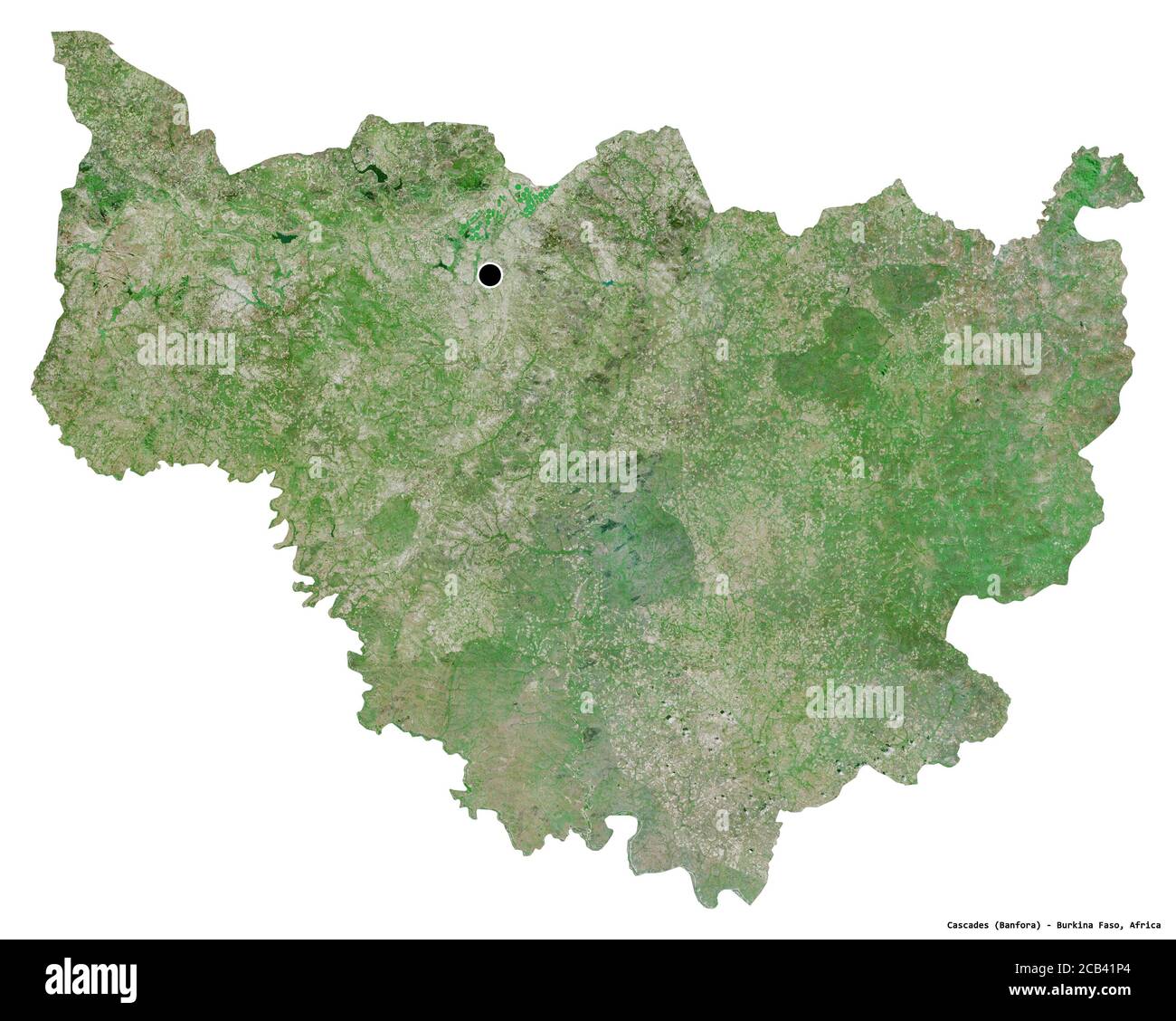 Shape of Cascades, region of Burkina Faso, with its capital isolated on white background. Satellite imagery. 3D rendering Stock Photo