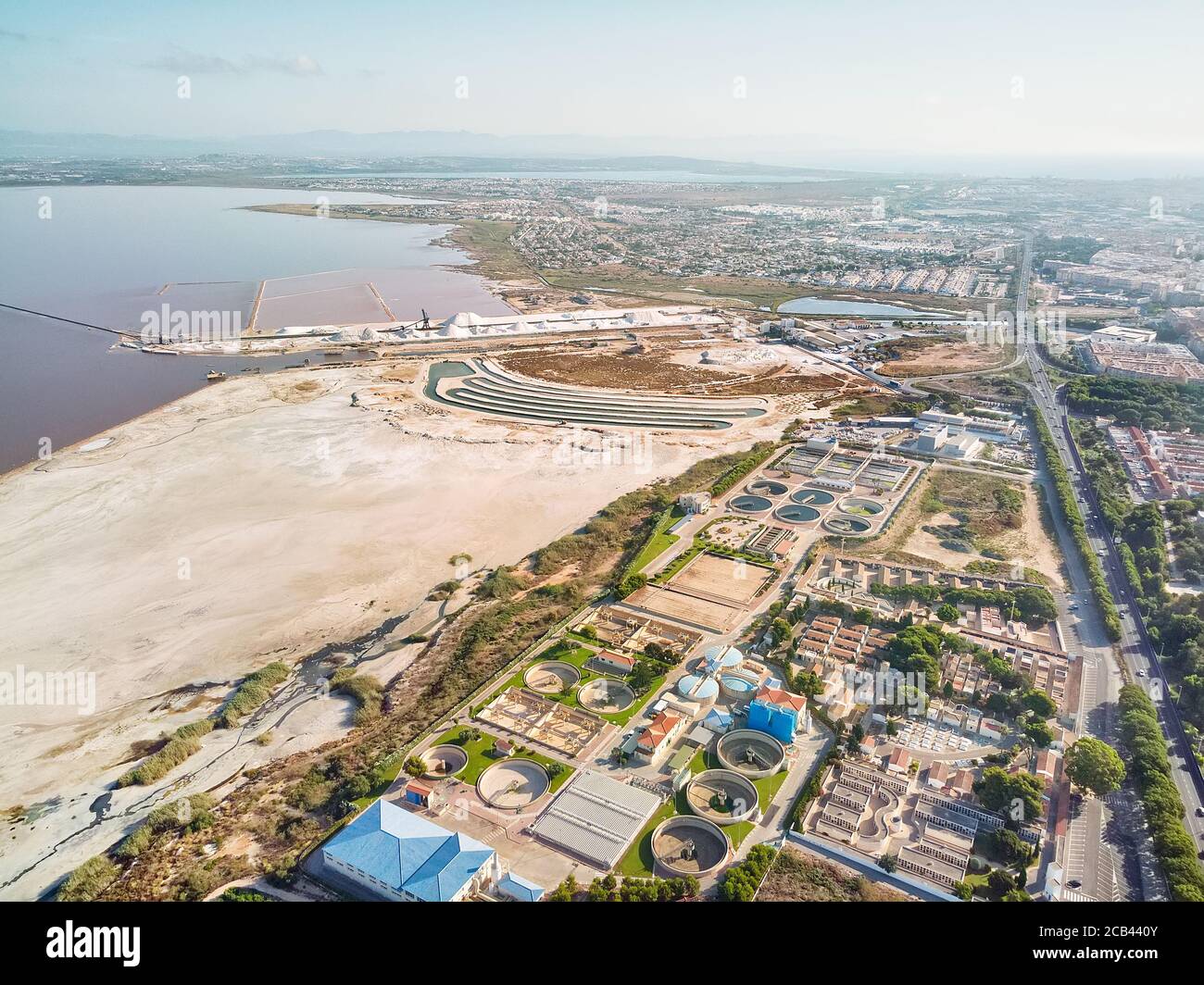 Panoramic aerial view of Torrevieja cityscape. Salt production factory,  Mediterranean Sea, coastal city. Costa Blanca. Alicante, south of Spain Stock Photo