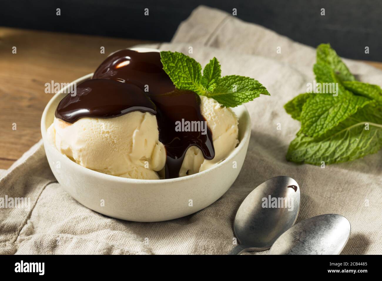 Homemade Frozen Vanilla Ice Cream With Chocolate Syrup Stock Photo