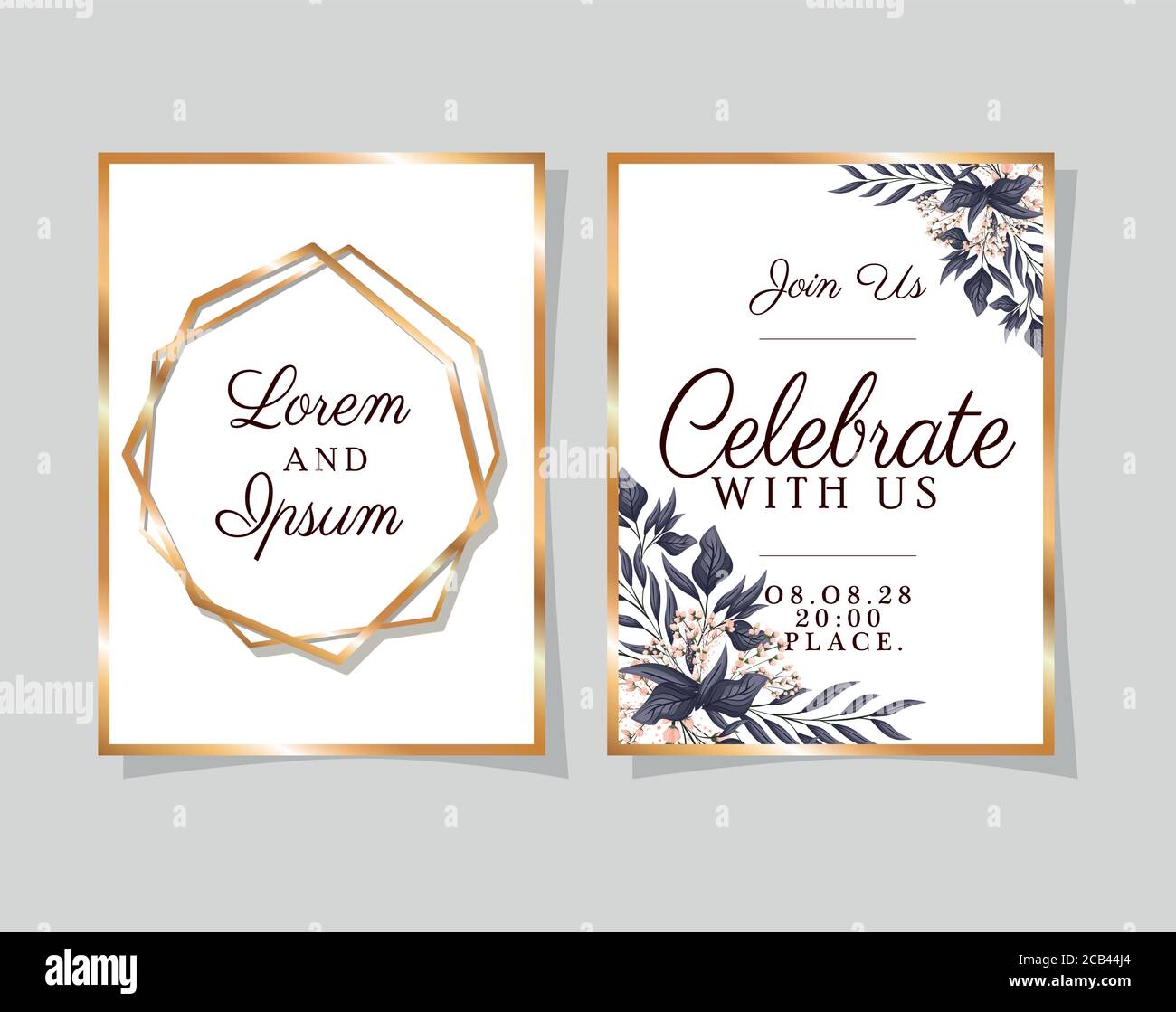 two wedding invitations with gold frames flowers and leaves on blue ...