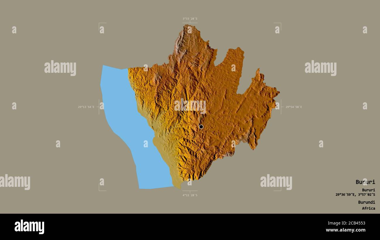 Area of Bururi, province of Burundi, isolated on a solid background in a georeferenced bounding box. Labels. Topographic relief map. 3D rendering Stock Photo