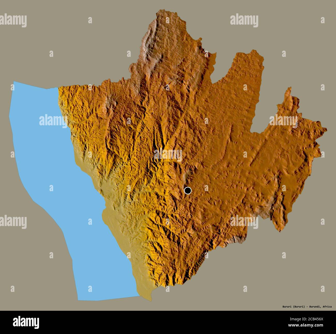 Shape of Bururi, province of Burundi, with its capital isolated on a solid color background. Topographic relief map. 3D rendering Stock Photo