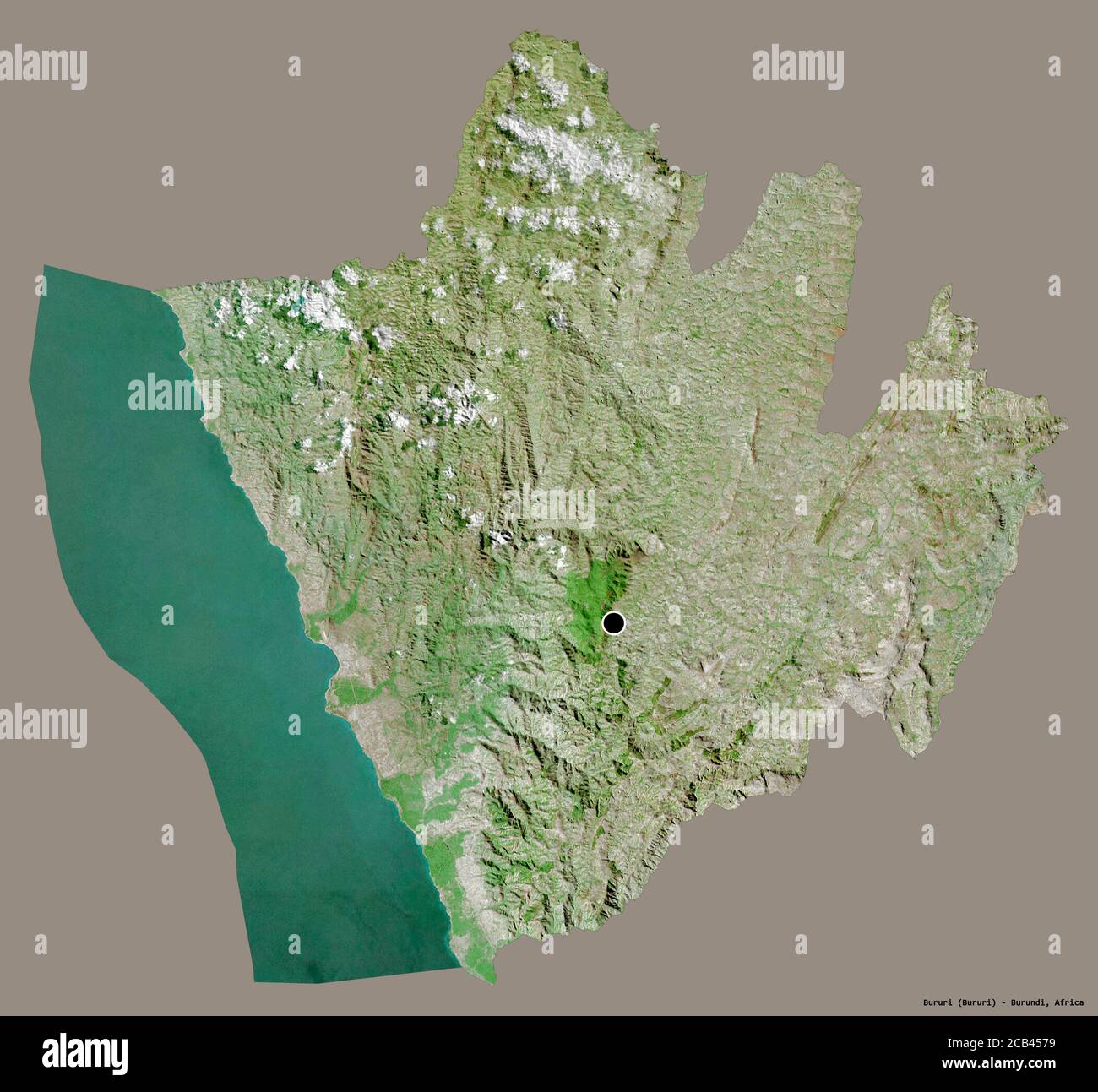 Shape of Bururi, province of Burundi, with its capital isolated on a solid color background. Satellite imagery. 3D rendering Stock Photo
