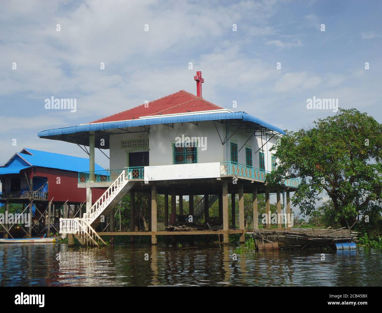 a church at the Floating Villages of tonle sap lake of Cambodia Stock Photo