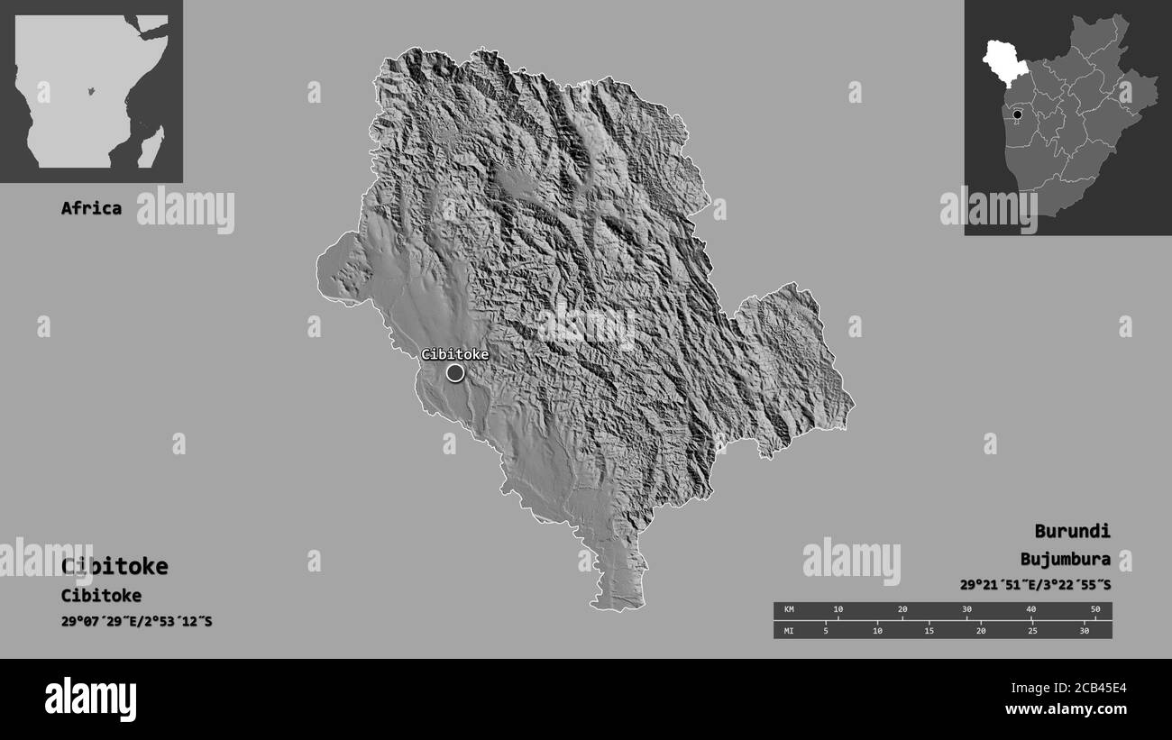 Shape of Cibitoke, province of Burundi, and its capital. Distance scale, previews and labels. Bilevel elevation map. 3D rendering Stock Photo