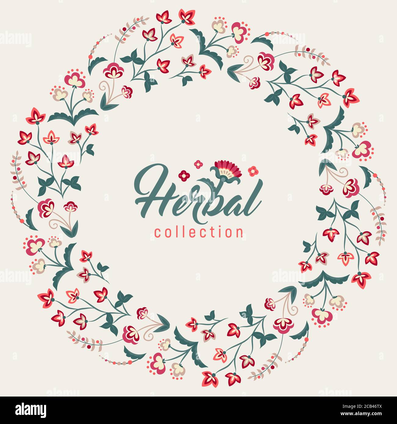 Floral round frame, Jacobean style flowers. Colorful herbal wreath