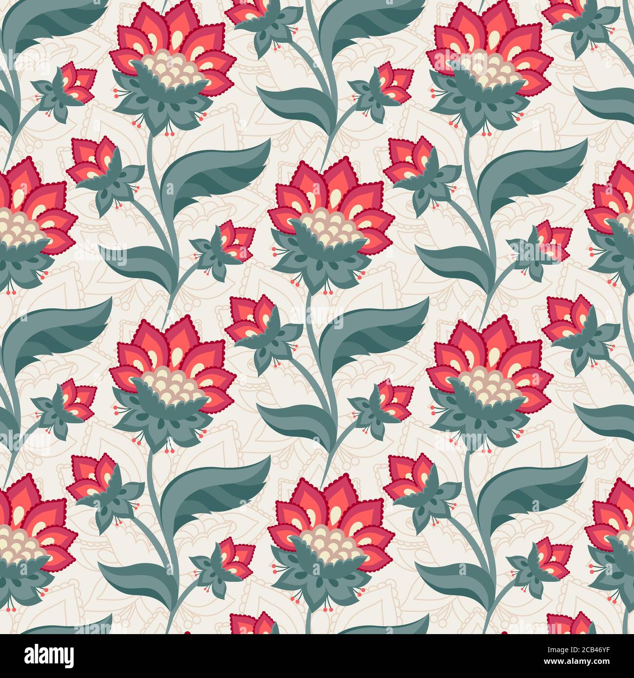 Floral seamless pattern, Jacobean style flowers. Colorful herbal