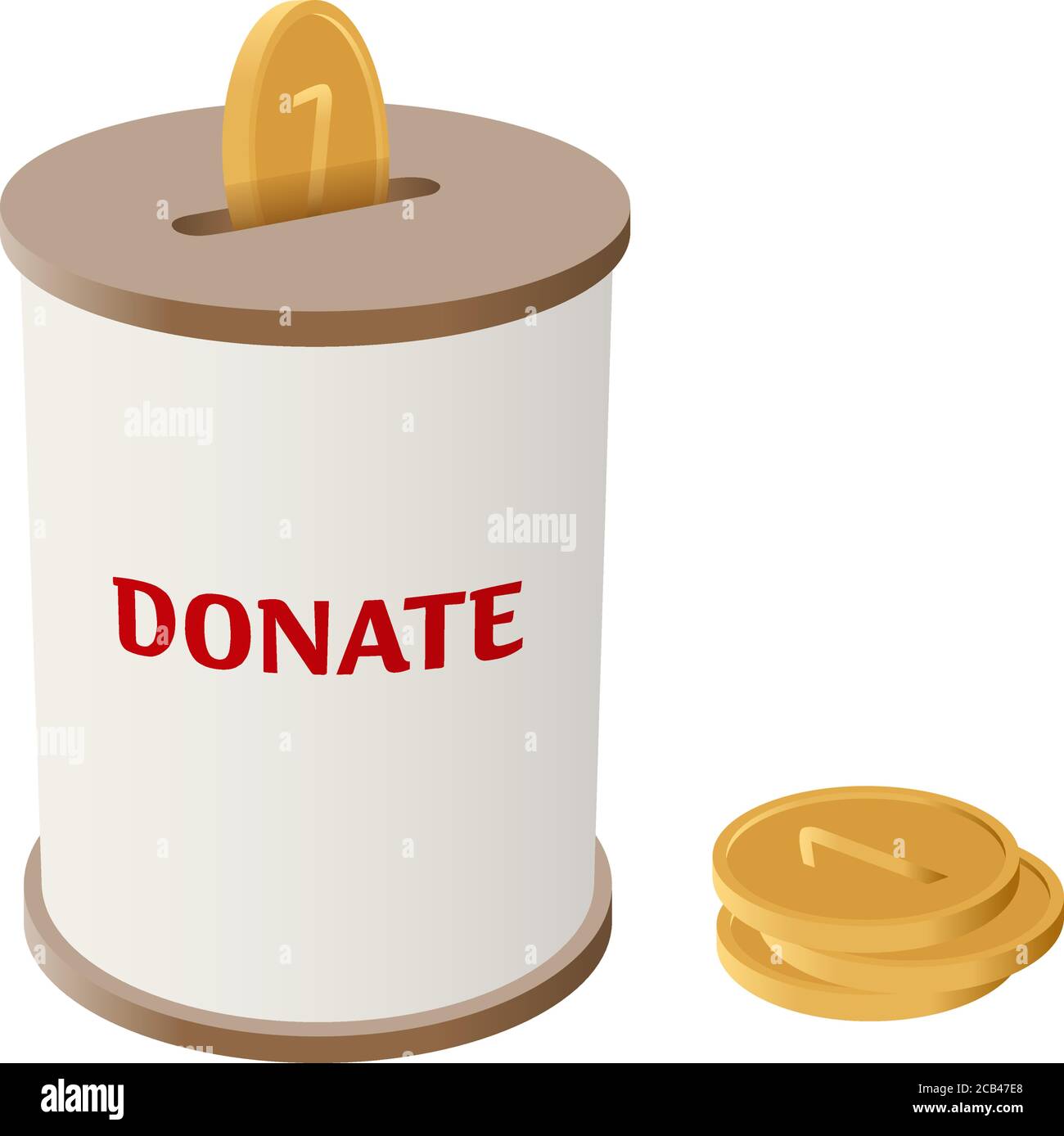 Round donation money box vector illustration. Side view cylinder money box for charity with coin slot and falling golden coins. Simple barrel box with Stock Vector